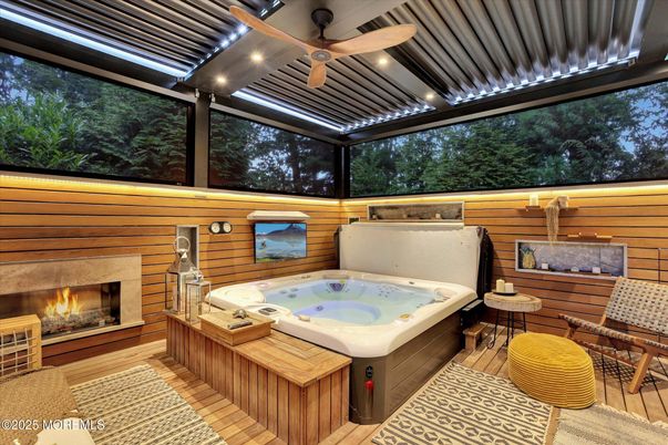 Fireplace, Hot Tub, Interior, Sun Room, Wooden Walls