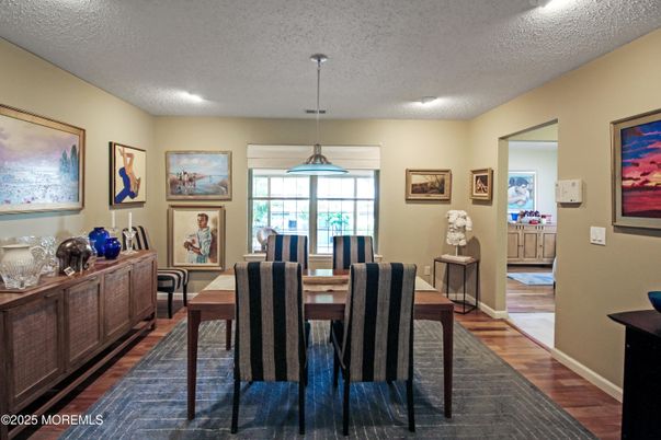 Dining room, Interior, Pendant Lights, Recessed Lighting, Wood Texture Flooring