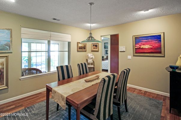 Dining room, Interior, Pendant Lights, Recessed Lighting, Wood Texture Flooring
