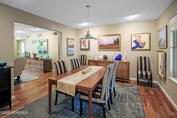 Dining room, Interior, Pendant Lights, Recessed Lighting, Wood Texture Flooring