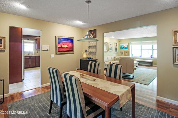 Dining room, Interior, Living room, Pendant Lights, Recessed Lighting, Wood Texture Flooring