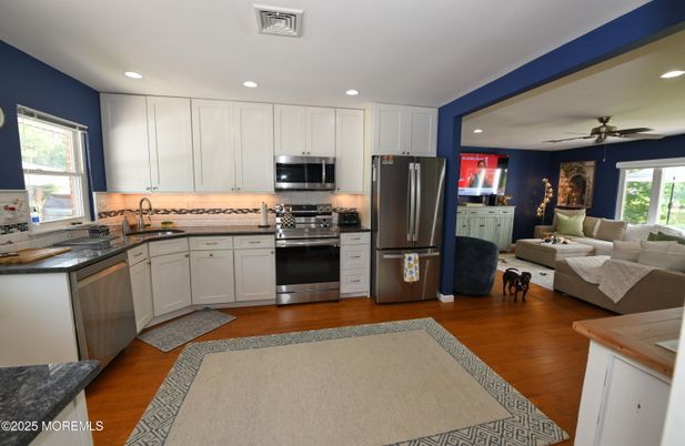 Interior, Kitchen, Living room, Recessed Lighting, Stainless Steel Appliances, Wood Texture Flooring