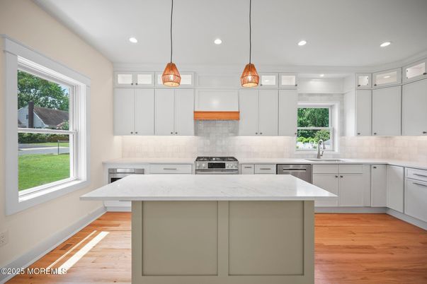 Interior, Kitchen, Pendant Lights, Recessed Lighting, Stainless Steel Appliances, Wood Texture Flooring