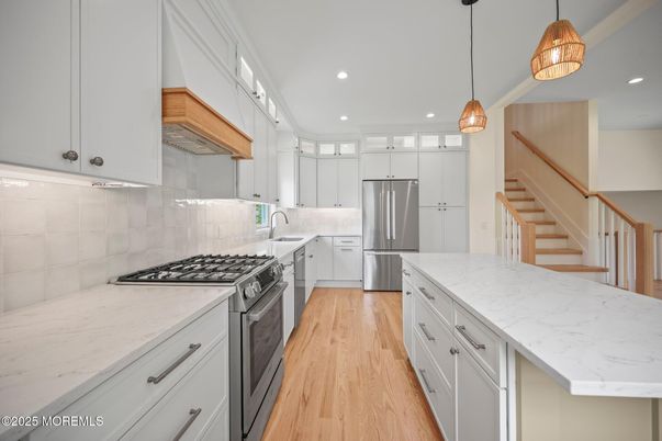 Interior, Kitchen, Pendant Lights, Recessed Lighting, Stainless Steel Appliances, Wood Texture Flooring