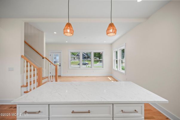Interior, Kitchen, Pendant Lights, Recessed Lighting, Wood Texture Flooring