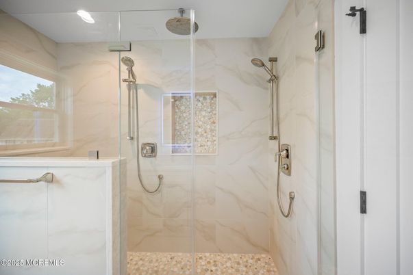 Bathroom, Glass Shower, Interior, Marble Walls, Recessed Lighting