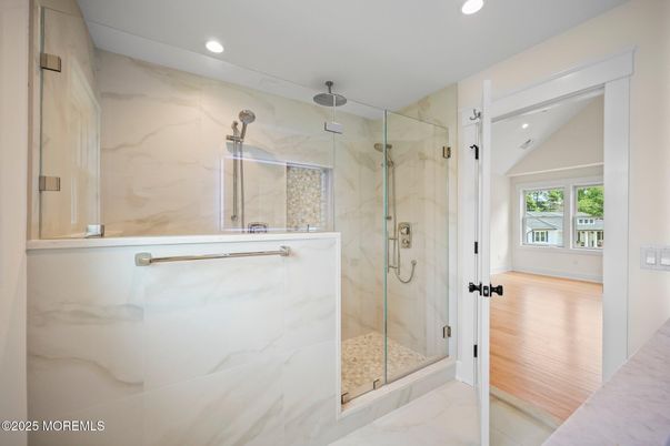 Bathroom, Glass Shower, Interior, Marble, Marble Walls, Recessed Lighting, Wood Texture Flooring