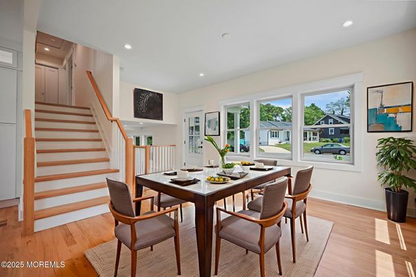 Dining room, Interior, Recessed Lighting, Wood Texture Flooring