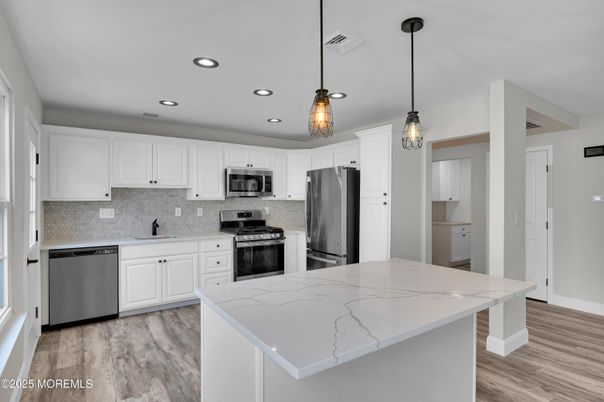 Interior, Kitchen, Pendant Lights, Recessed Lighting, Stainless Steel Appliances, Wood Texture Flooring