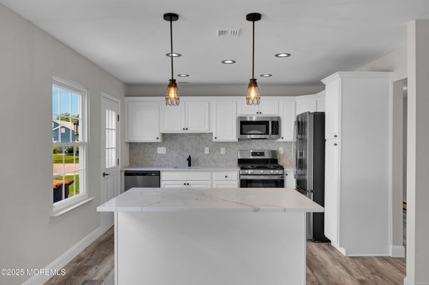 Interior, Kitchen, Pendant Lights, Recessed Lighting, Stainless Steel Appliances, Wood Texture Flooring