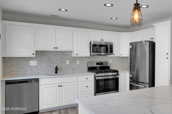 Interior, Kitchen, Pendant Lights, Recessed Lighting, Stainless Steel Appliances, Wood Texture Flooring