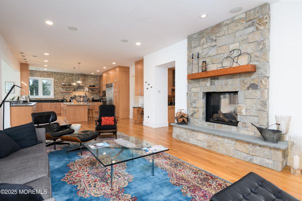 Fireplace, Interior, Kitchen, Living room, Pendant Lights, Recessed Lighting, Stone Walls, Wood Texture Flooring