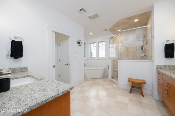 Bathroom, Free Standing Baths, Glass Shower, Interior, Recessed Lighting