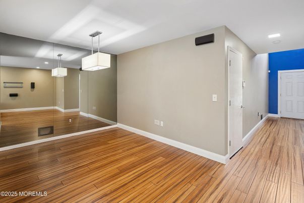 Empty room, Interior, Pendant Lights, Recessed Lighting, Wood Texture Flooring