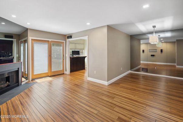 Empty room, Fireplace, Interior, Recessed Lighting, Wood Texture Flooring