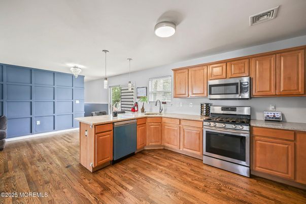 Interior, Kitchen, Pendant Lights, Stainless Steel Appliances, Wood Texture Flooring