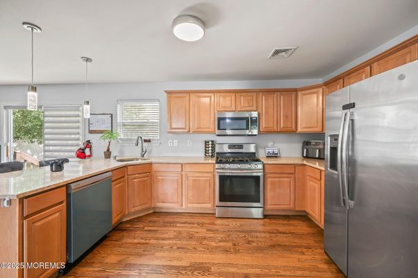 Interior, Kitchen, Pendant Lights, Stainless Steel Appliances, Wood Texture Flooring