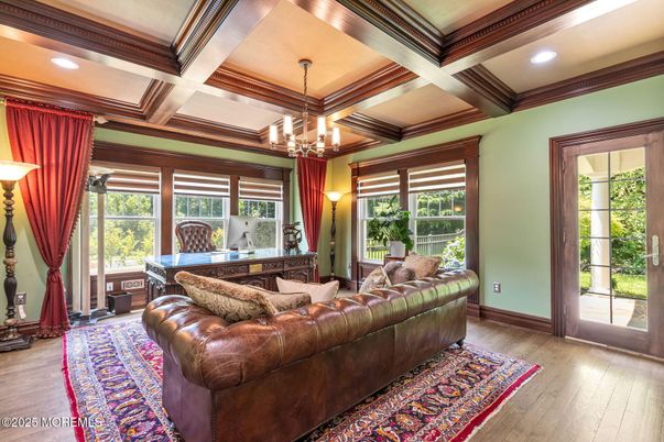 Chandelier, Home Office, Interior, Living room, Recessed Lighting, Wooden Beams, Wood Texture Flooring
