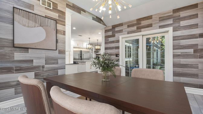 Dining room, Interior, Kitchen, Pendant Lights, Recessed Lighting, Wood Texture Flooring, Wooden Walls