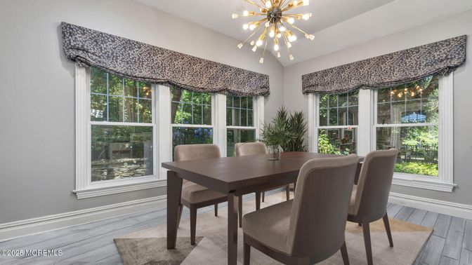 Dining room, Interior, Pendant Lights, Wood Texture Flooring