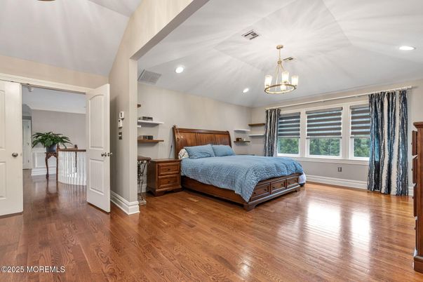 Bedroom, Chandelier, Interior, Pendant Lights, Recessed Lighting, Wood Texture Flooring