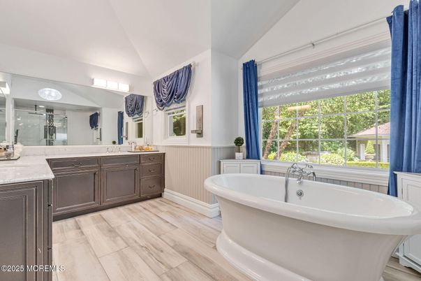Bathroom, Dual Sink Vanities, Free Standing Baths, Interior, Wood Texture Flooring