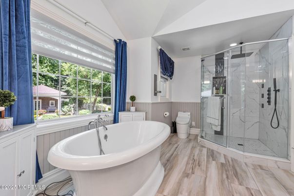 Bathroom, Glass Shower, Interior, Marble, Marble Walls, Recessed Lighting, Wood Texture Flooring