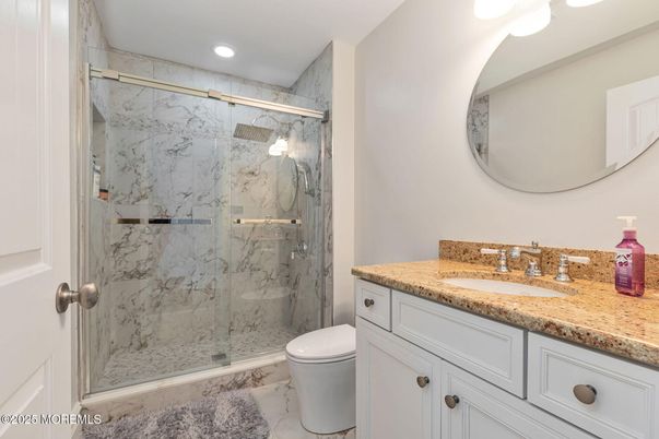 Bathroom, Glass Shower, Interior, Marble, Marble Walls, Recessed Lighting