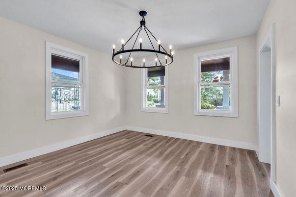 Chandelier, Empty room, Interior, Pendant Lights, Wood Texture Flooring