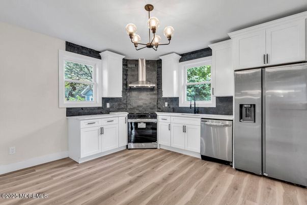 Chandelier, Interior, Kitchen, Stainless Steel Appliances, Wood Texture Flooring