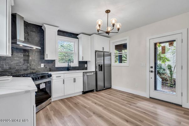 Chandelier, Interior, Kitchen, Stainless Steel Appliances, Wood Texture Flooring