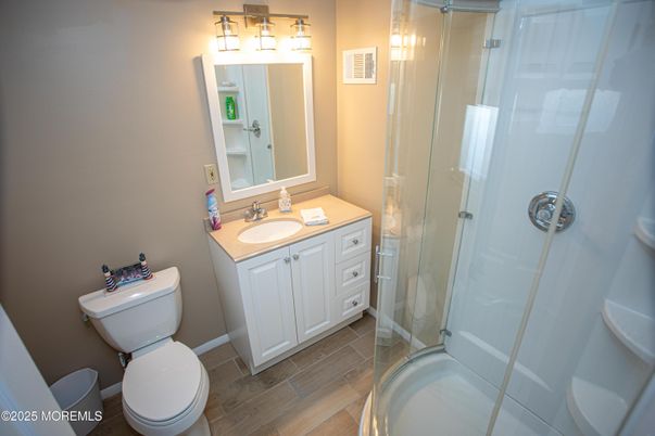 Bathroom, Glass Shower, Interior, Wood Texture Flooring