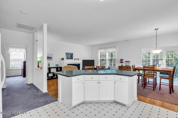 Dining room, Fireplace, Interior, Kitchen, Pendant Lights