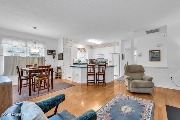 Dining room, Interior, Kitchen, Pendant Lights, Wood Texture Flooring