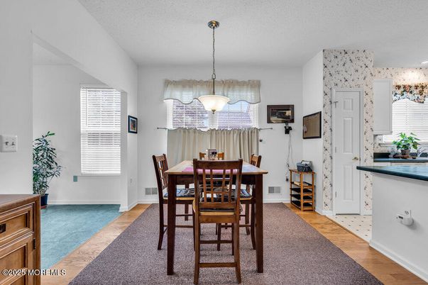 Dining room, Interior, Pendant Lights, Wood Texture Flooring