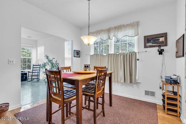 Dining room, Interior, Pendant Lights, Wood Texture Flooring