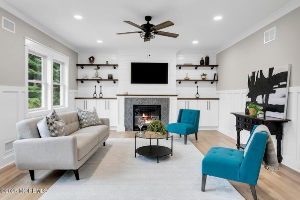 Fireplace, Interior, Living room, Recessed Lighting, Wood Texture Flooring