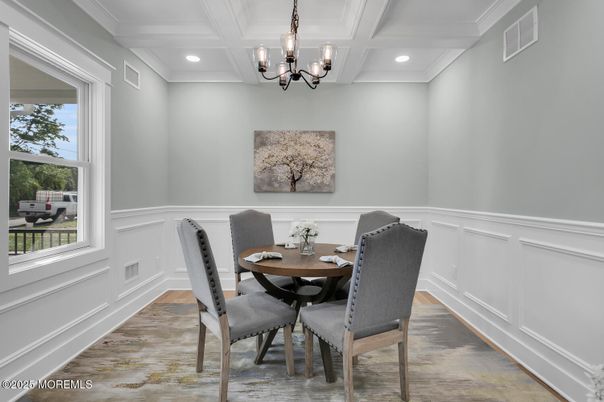 Chandelier, Dining room, Interior, Recessed Lighting, Wood Texture Flooring