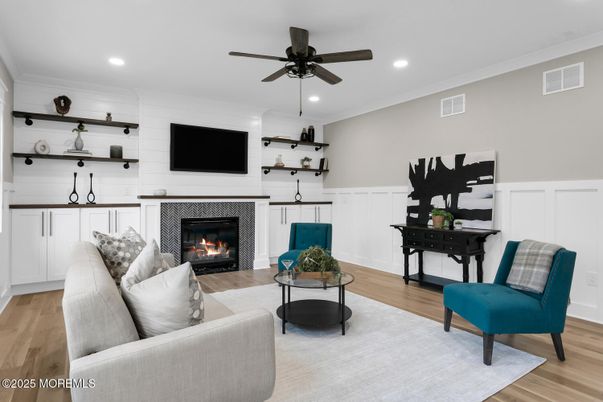 Fireplace, Interior, Living room, Recessed Lighting, Wood Texture Flooring