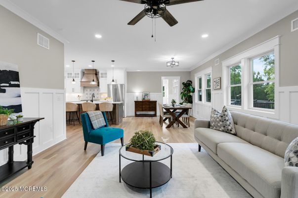 Dining room, Interior, Kitchen, Living room, Pendant Lights, Recessed Lighting, Wood Texture Flooring