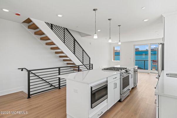Interior, Kitchen, Pendant Lights, Recessed Lighting, Stainless Steel Appliances, Water, Wood Texture Flooring