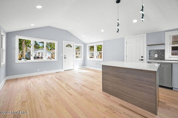 Empty room, Interior, Kitchen, Pendant Lights, Recessed Lighting, Wood Texture Flooring