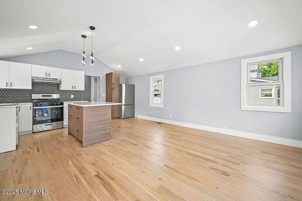 Interior, Kitchen, Pendant Lights, Recessed Lighting, Stainless Steel Appliances, Wood Texture Flooring