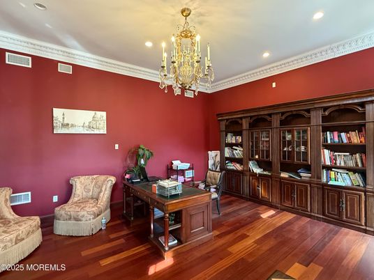 Chandelier, Home Office, Interior, Recessed Lighting, Wood Texture Flooring
