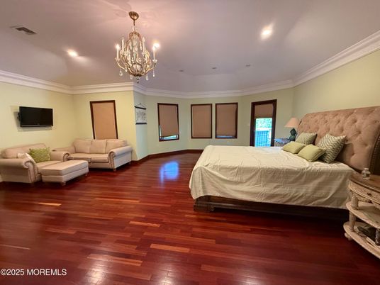 Bedroom, Chandelier, Interior, Recessed Lighting, Wood Texture Flooring