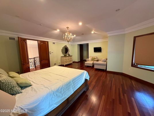 Bedroom, Chandelier, Interior, Recessed Lighting, Wood Texture Flooring