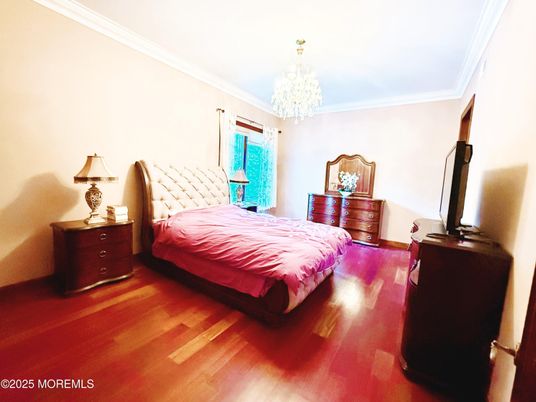 Bedroom, Chandelier, Interior, Wood Texture Flooring