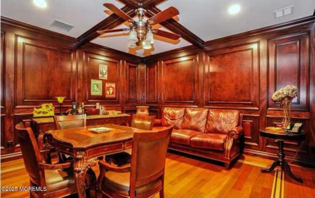 Dining room, Interior, Recessed Lighting, Wood Texture Flooring, Wooden Walls