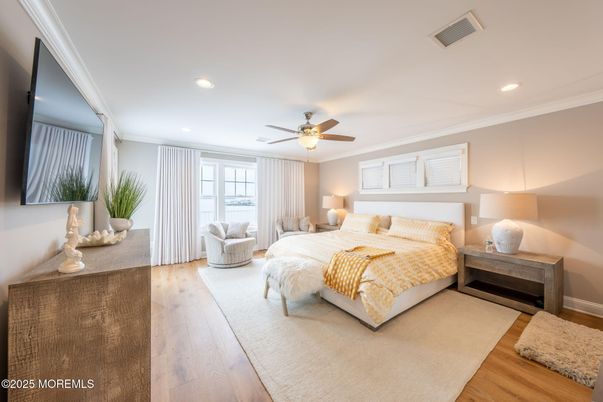 Bedroom, Interior, Recessed Lighting, Wood Texture Flooring