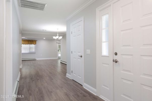 Chandelier, Empty room, Interior, Recessed Lighting, Wood Texture Flooring
